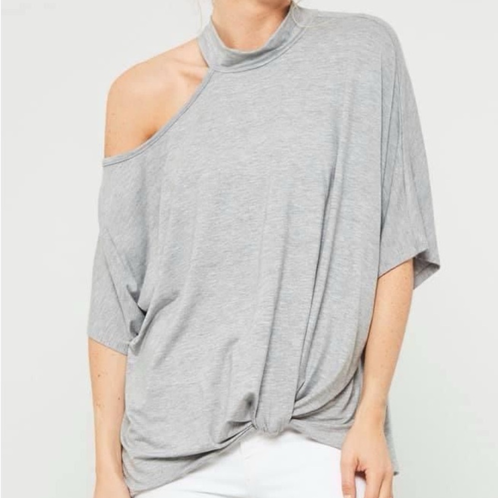 Open-Shoulder Mock-Neck Knotted Top